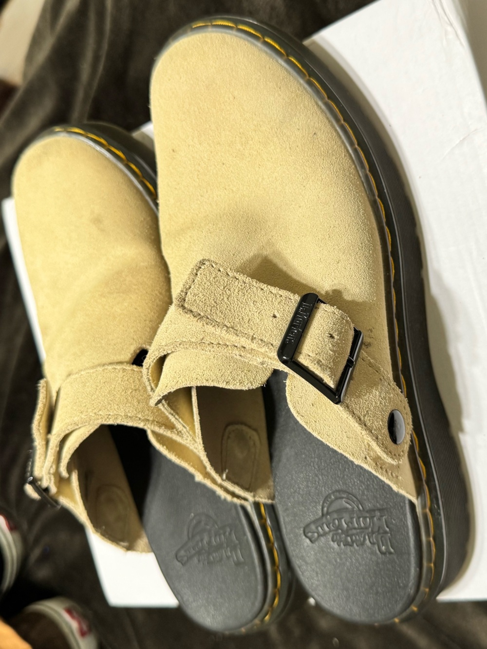 Dr. Martens Beige Suede Buckle Slip-On Clogs